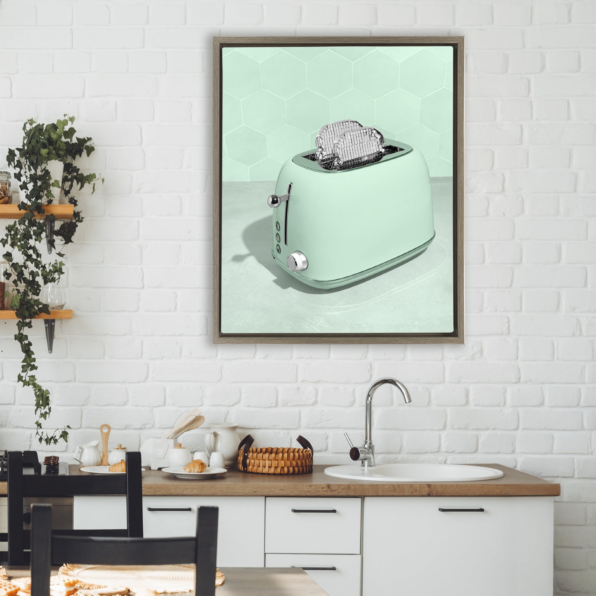 Stupell Industries Disco Toaster Over Green Brown Framed Floater Canvas Wall Art, design by LISH Creative