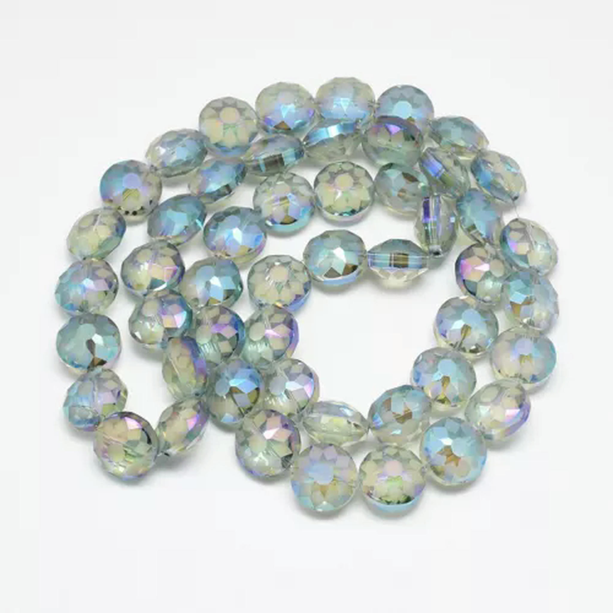 U8MO 2Strands Rainbow Plated Faceted Flat Round Electroplate Glass Beads Frosted 14mm-Light Sky Blue