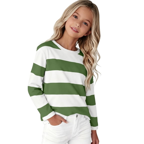 UACY Girl's Long Sleeve T-Shirts Striped, Girls Classic Cotton Blend Crewneck Tee Kids Stripes Shirt Soft Everyday Basic Top (Green, 8-9 Years)