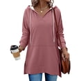 thumbnail image 3 of Otntypg Long Sleeve Tunic Hoodies for Women Fashion Split Hem Drawstring Casual Solid Color V Neck Long Sleeve Hooded Pullover Sweatshirts Tops with Pockets Pink M, 3 of 8