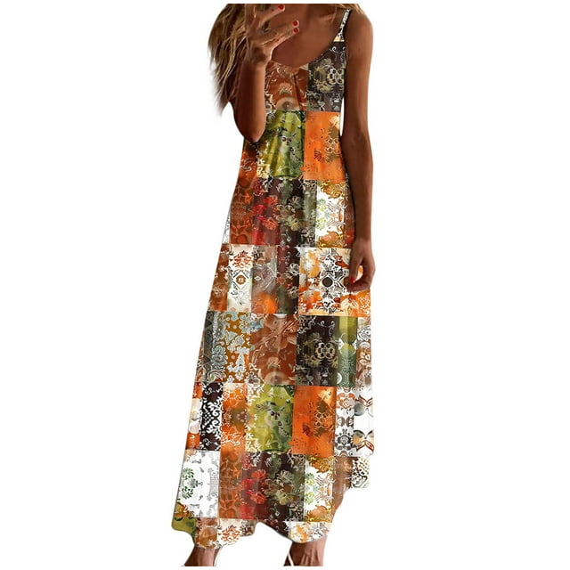 Staron Robes d'Été pour Femmes Longues et Fluides à Col en V à Bretelles Spaghetti Robe Maxi de Printemps à Fleurs Décontractée pour Vacances