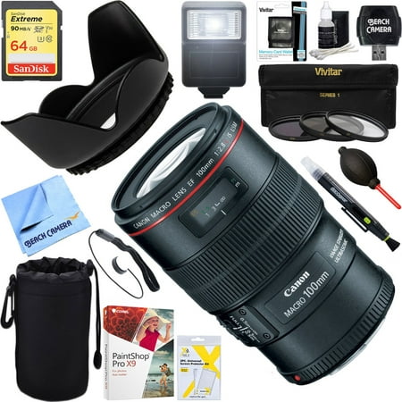 Canon EF 100mm f/2.8L Macro IS USM Lens + 64GB Ultimate Filter & Flash Photography (Best Lens For Building Photography)