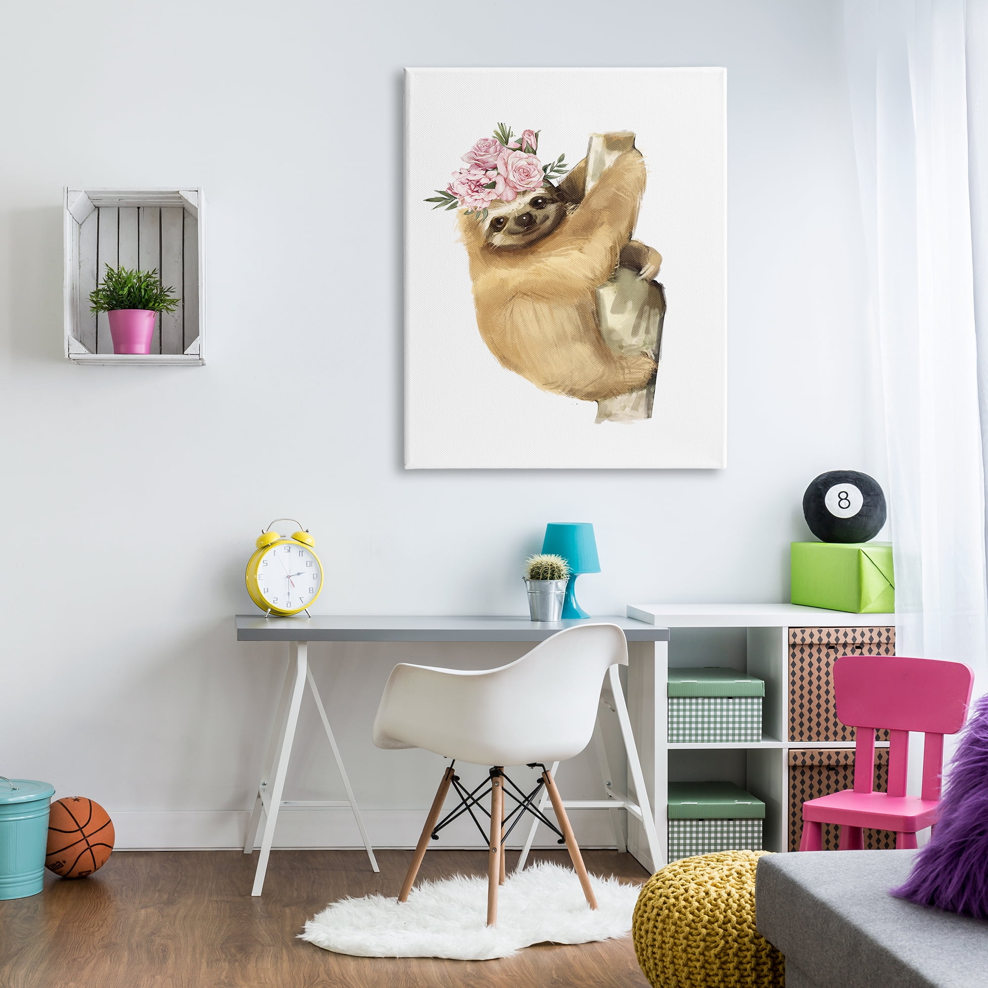 Stupell Industries Smiling Sloth Chic Pink Floral Crown Wild Animal, 36 x 48, Designed by Ziwei Li
