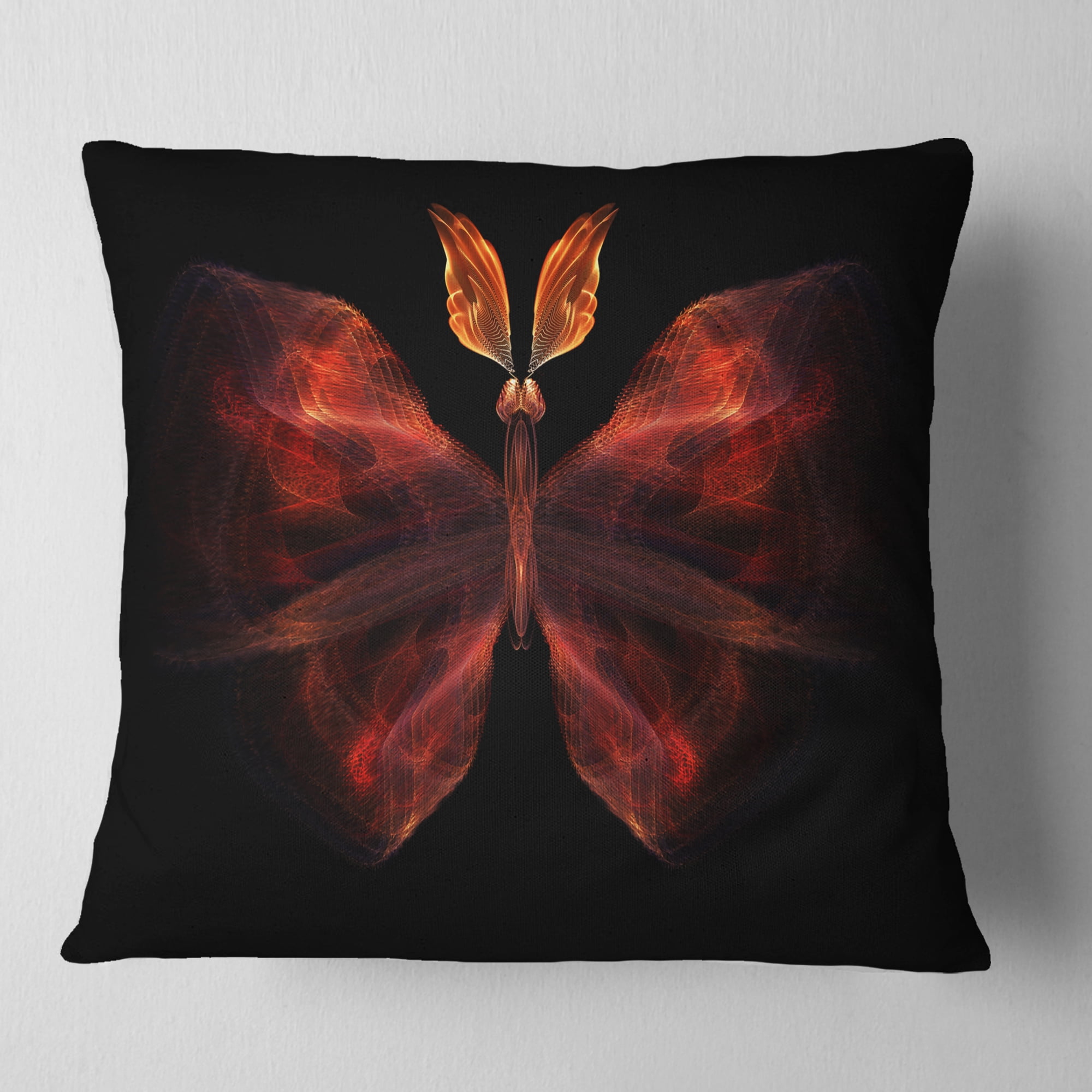 Designart Red Fractal Butterfly in Dark - Abstract Throw Pillow - 16x16