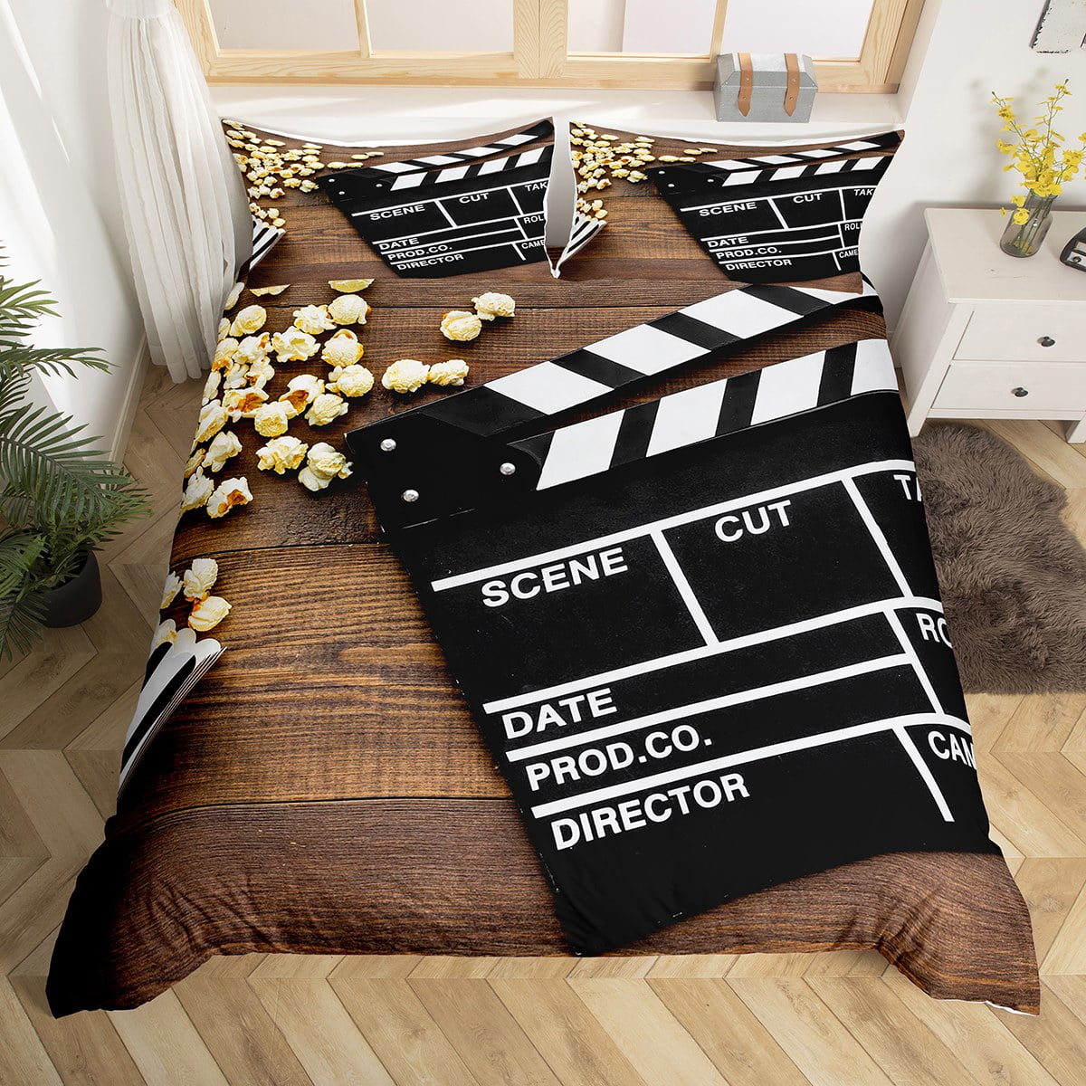 YST Vintage Clapboard Duvet Cover Full Old Movie Theatre Bedding Set, Sweet Popcorn Comforter