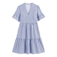 thumbnail image 4 of Long Sleeve Dress for Women Ndbuld Women's Summer Striped V-neck Pleated Casual Mini Beach Dress With Pockets Blue M, 4 of 9