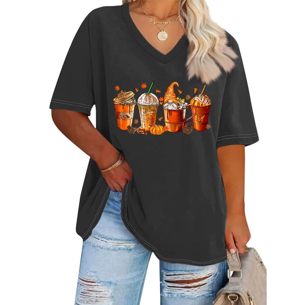 Fiudx Camisas para Mujer Camiseta Básica de Verano de Color Sólido de Manga Corta Calabaza con Acción de Gracias con Cuello En V Grande para Mujer