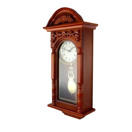Traditional Wall Clock with Swinging Pendulum, Padauk Oak Finish, 4 Chime Options and 12-Hour Sleep Mode