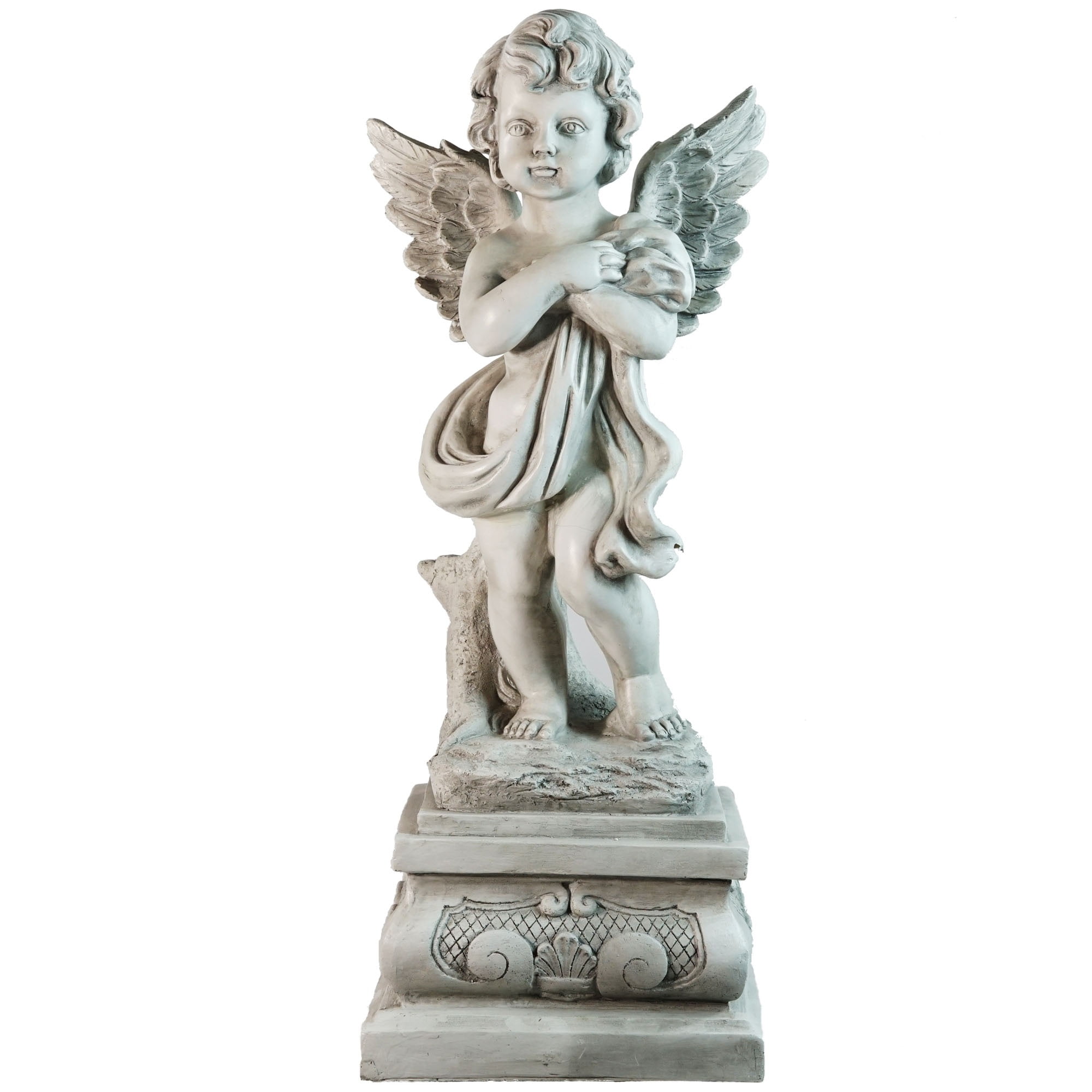 28.75" Standing Cherub Angel on Pedestal Outdoor Garden Statue