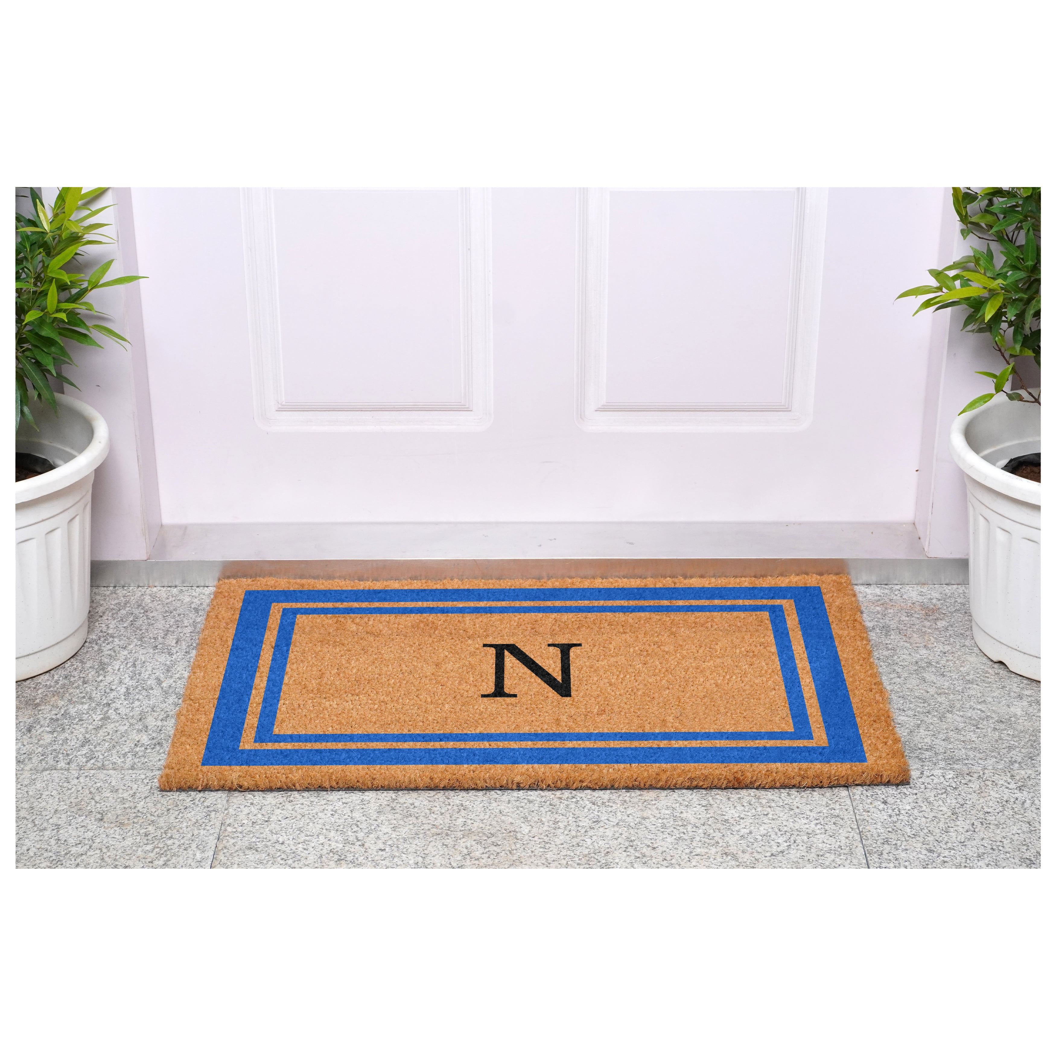 Blue Border Monogram Doormat (Letter N)