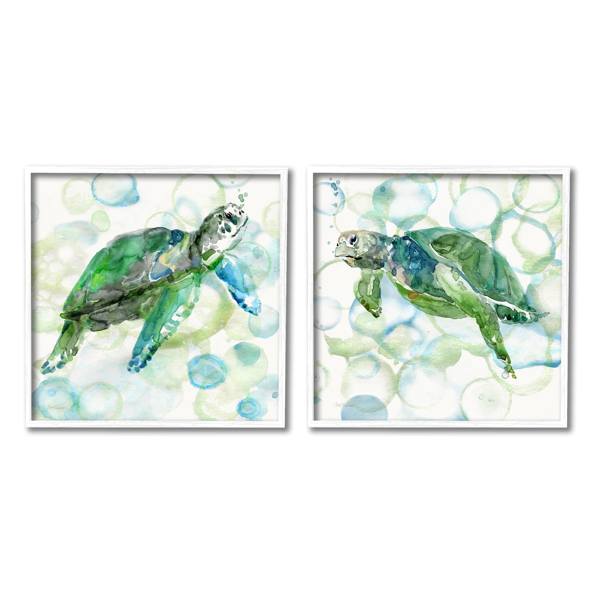 Stupell Industries Swimming Sea Turtle Floating Underwater Beach Bubbles Painting White Framed Art Print Wall Art, Set of 2, Design by Carol Robinson