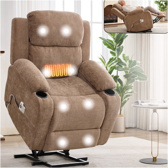 JERFIT 350 lbs Heavy Duty Power Lift Recliner Chair with Heat & Massage, Brown Chenille Fabric, Dual USB Chargers and Cup Holders for Living Room