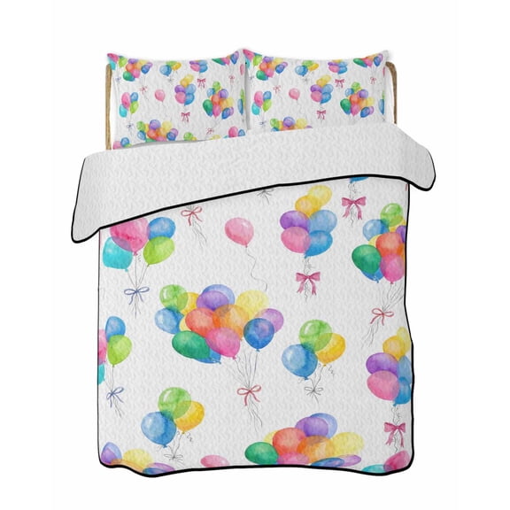 Twin Quilt Bedding Set, Colorful Balloon Reversible Summer Quilt 3 Pieces, Watercolor Balloons Bow Modern Lightweight Bedspreads Coverlets with 2 Pillow Shams for All Seasons