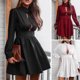 thumbnail image 3 of Minivestido de manga larga para mujer, cuello alto, ahuecado hacia fuera, cintura alta, vestido acam Abanopi Negro/Grande, 3 of 6