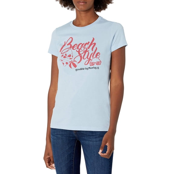 Marky G Apparel Women's Casual Short Sleeve Crewneck Tops Slim Fit T-Shirt with Beach Style Printed, Baby Blue, M