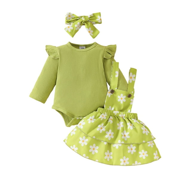 Odeerbi 0-18 Meses Niña Verano Conjunto Canastilla Punto Elástico Algodón Sudadera Daisy Tirantes Falda Cinta Tres Piezas Flor Volantes Falda