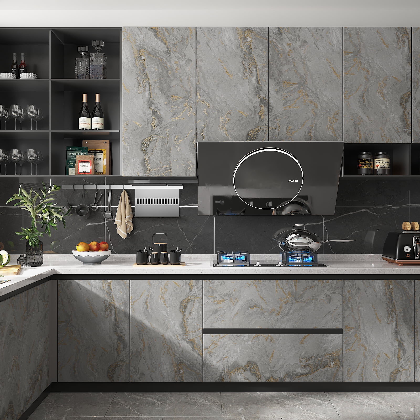 CHIHUT Grey Gold Peel and Stick Marble Contact Paper for Waterproof Countertop 17.7"x236" Matte Marble Wallpaper for Kitchen Self Adhesive Wall Paper Removable Vinyl Stick Paper for Cabinets Walls