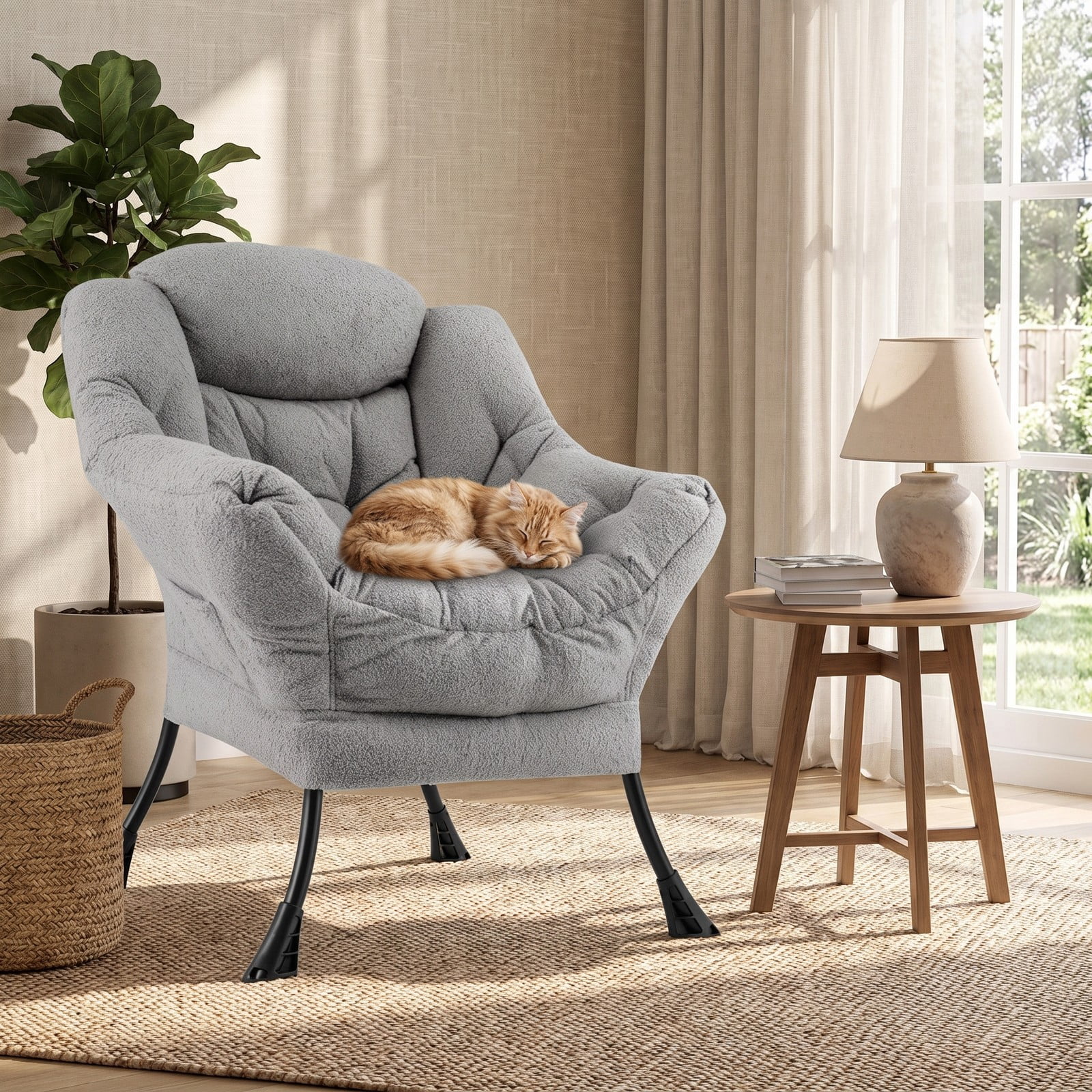 Furnibear Sherpa Upholstered Accent Chair with Cozy Head Pillow, Button Tufted Single Sofa Armchair with Side Pocket for Living Room Bedroom Home Office, 330 lbs, Gray