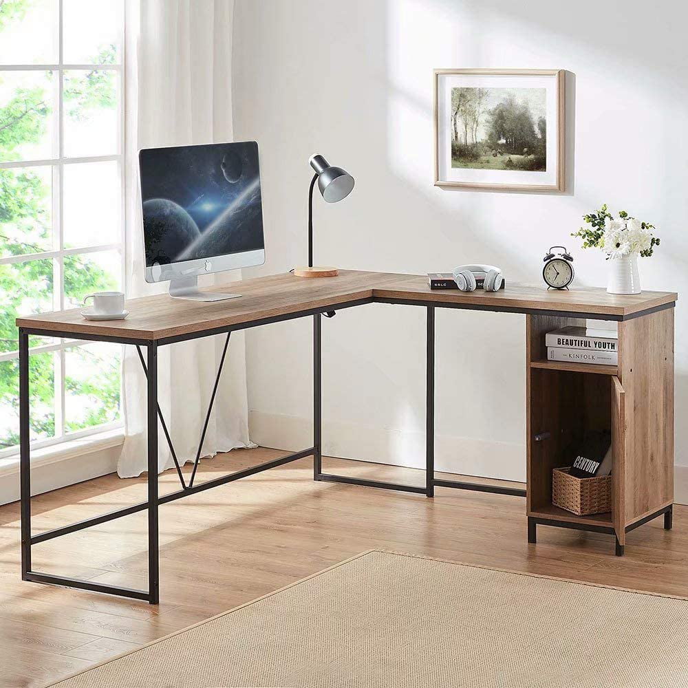 HSH L Shaped Computer Desk, Metal and Wood Rustic Corner Desk