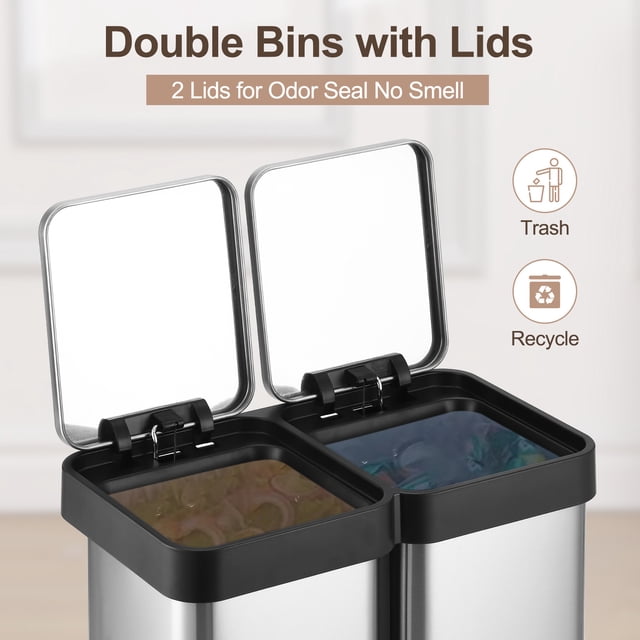 Cubo de basura doble para cocina u oficina – Acero inoxidable antihuellas – 2 compartimentos de 20L – Tapa suave y pedal – Ideal para reciclaje y residuos – Sin cubeta interior