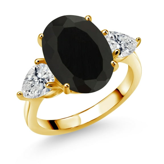 Gem Stone King 18K Yellow Gold Plated Silver Black Onyx and Lab Grown Diamond Engagement Ring for Women | 6.04 Cttw | Oval 14X10MM | Gemstone December Birthstone | Size 9