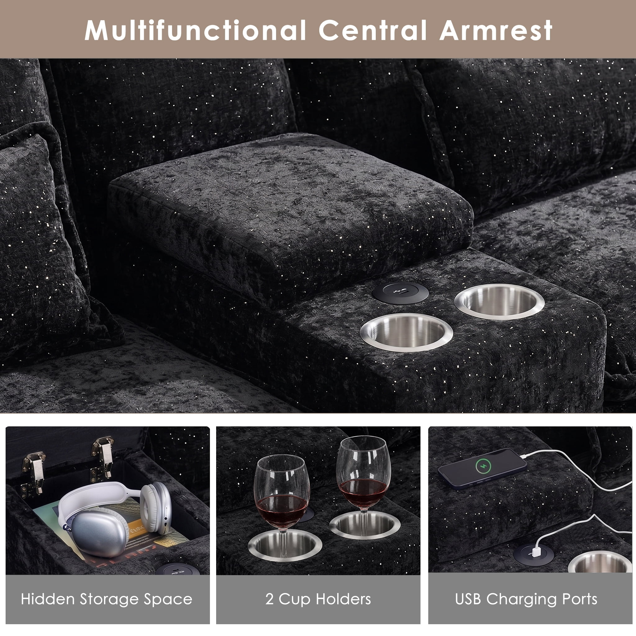 AISWORD U Shaped Cloud Couch Sectional, Oversized Modular Sofa with USB Charging, Hidden Storage, Cup Holders & Double Chaise for Living Room, Black