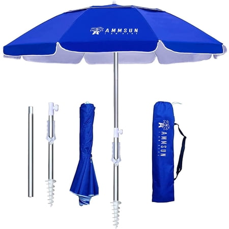 ammsun 6.5ft twice folded portable travel beach umbrella with sand anchor upf 50+ protection blue