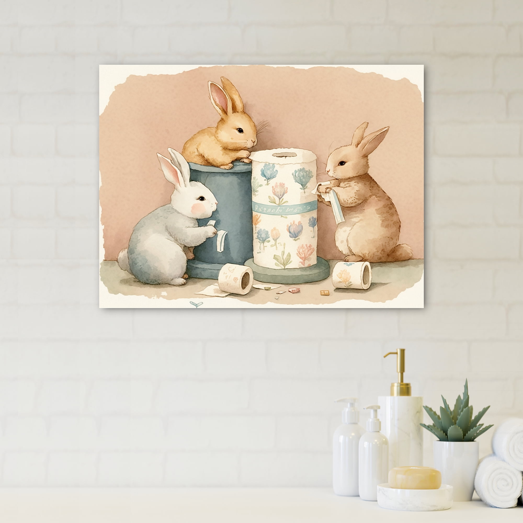 Designart Bunnies With Roll Of Toilet Paper And Flowers Canvas Wall Art
