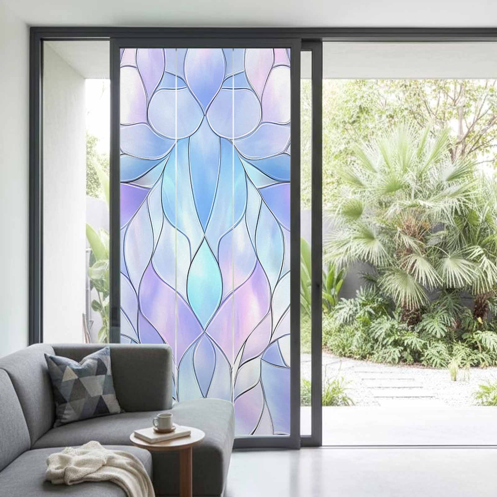 Stained Glass Window Privacy Film, Blue Purple Floral Geometric Static Cling UV Sun Blocking Heat Control Window Tint Day and Night, Non-Adhesive Reusable One Way Windows Privacy Cover 35.4''x78.7''
