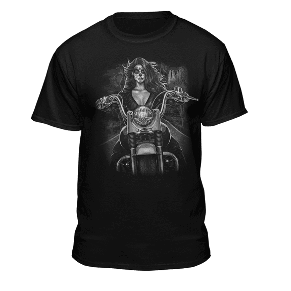 Teelocity Men's Tattoo Day of the Dead Girl on a Motorcycle Black Relaxed Fit Short Sleeve Graphic T-Shirt