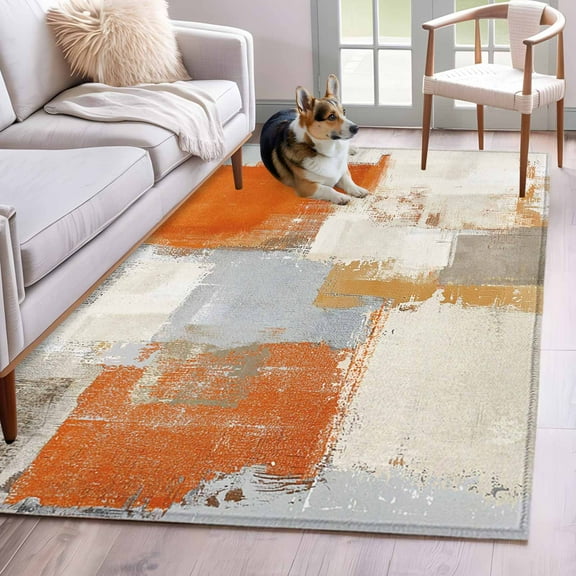Burnt Orange Area Rug 3x5 Washable Rug Non Slip Modern Geometric Grey Oil Painting Abstract Large Area Rug Indoor Floor Carpet for Entryway Bedroom Kitchen Living Room Home Office Dining Room Nursery