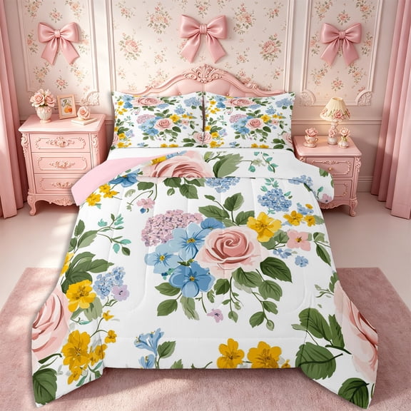 Manfei Romantic Flower Rose Full Size Comforter Sets 3-Piece,Cottagecore Blossom Bedding Comforter Set,1 Comforter and 2 Pillowcases,Reversible