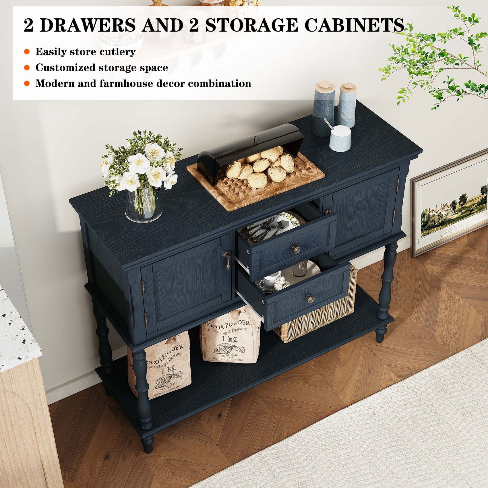CBJCBJ 42" Farmhouse Console Table , 2 Drawer Narrow Long Entryway Table with Open Storage Shelf , for Living Room, Blue