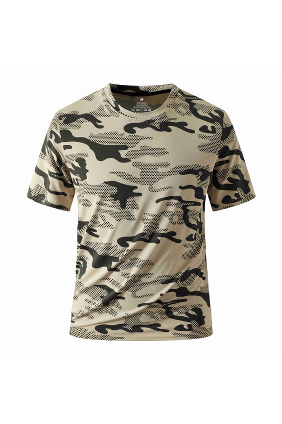Men's Athletic T-Shirt Camo Short Sleeve Shirts Crewneck Rapid Dry T-Shirts Moisture-Wicking Athletic Performance Cooling Fishing Lightweight Top,Khaki 2XL