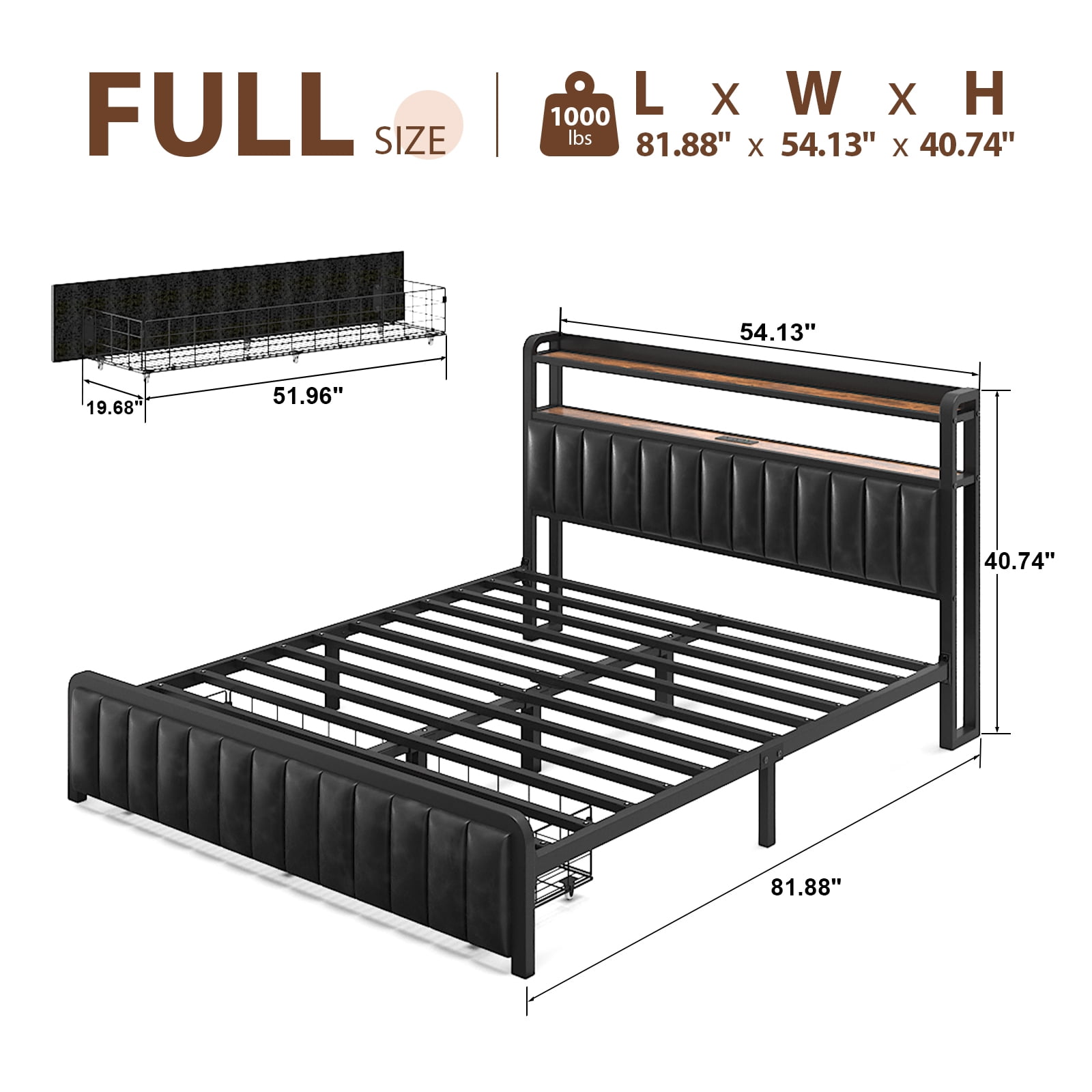Full Size Bed Frame with Storage Drawer, LED Upholstered Platform Bed with Charging Station, Metal Slats, Black