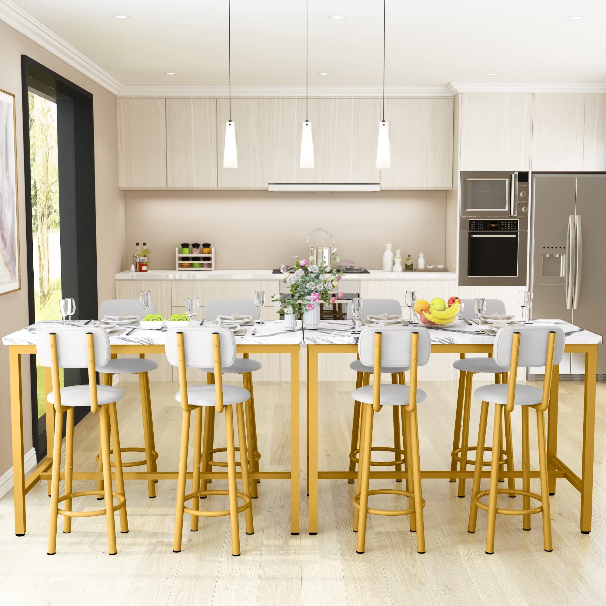 Lamerge Dining table set for 4, faux marble tavern table and chairs set, metal frame dining table with 4 high chairs for, tavern, kitchen, breakfast corner, apartment