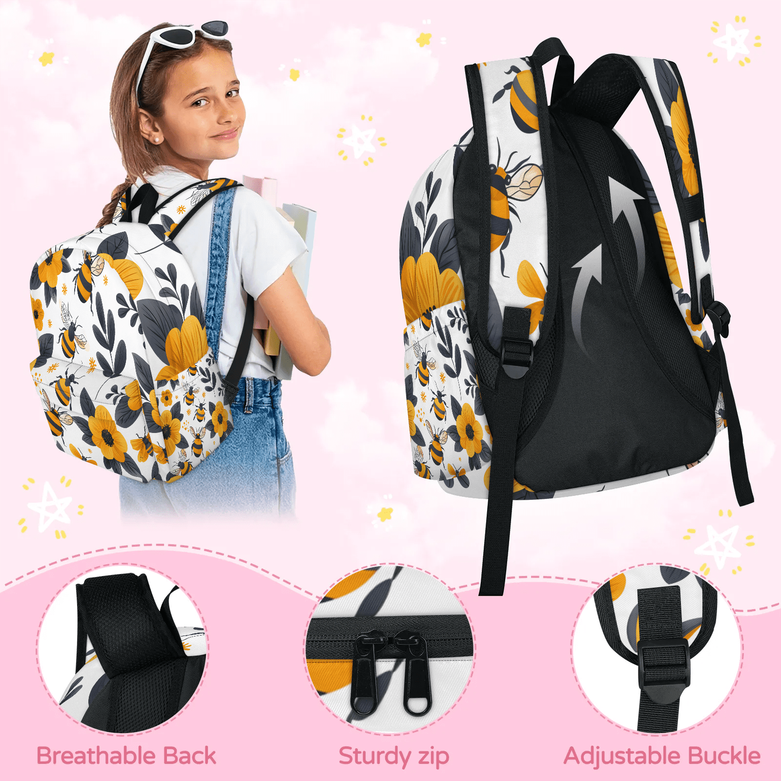 Herdesigns Bee Backpack for Men Women, Lightweight Laptop Backpack 16.3 Inch Yellow Floral Casual Daypack for Travel Work Commuter