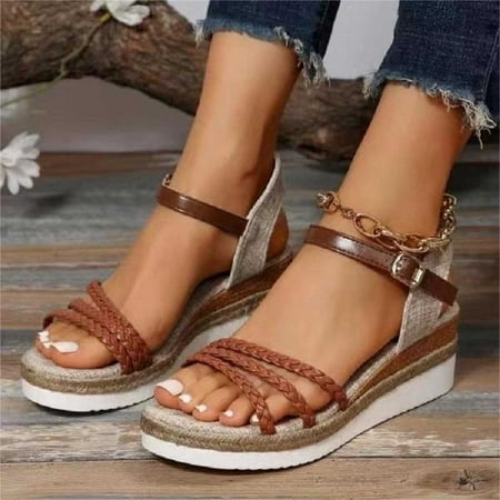 

AXXD Brown Wedge Sandals for Women Summer Size Fish Mouth Roman Sandals