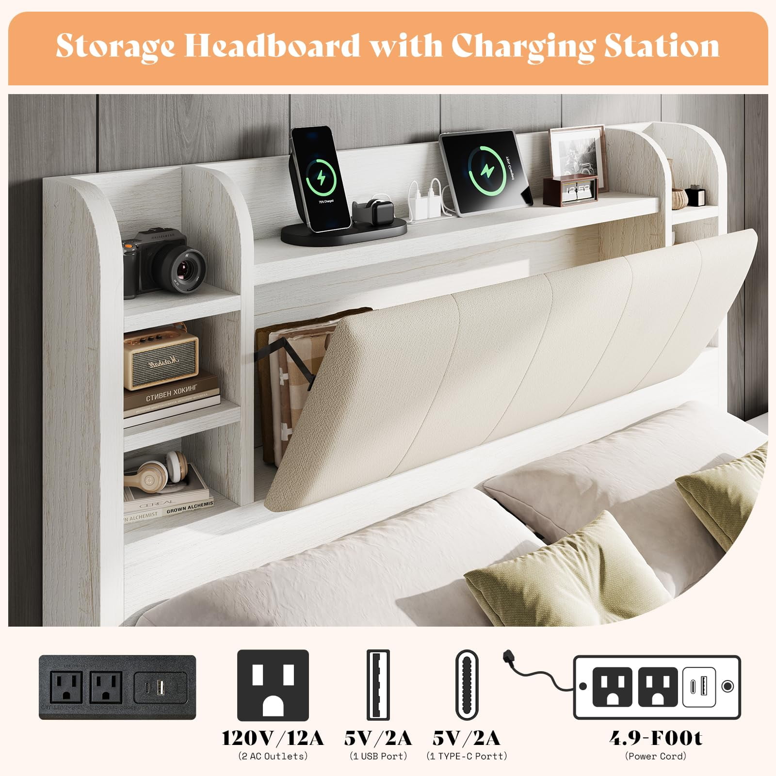 Amerlife Queen Size Bed Frame with Drawers,Upholstered Bookcase Headboard and Charging Station,White