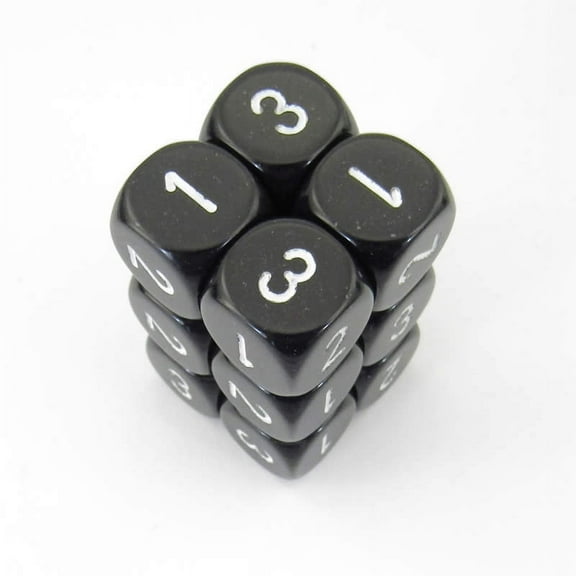 Black Opaque Dice with White Numbers D3 (D6 1-3 Twice) 16mm (5/8in) Pack of 12 Wondertrail