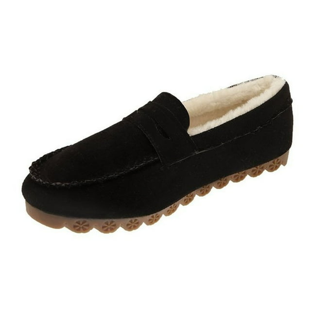Mocassins Décontractés Noirs pour Femmes Style Hivernal Semelle Plate Chauds pour Activités Intérieures