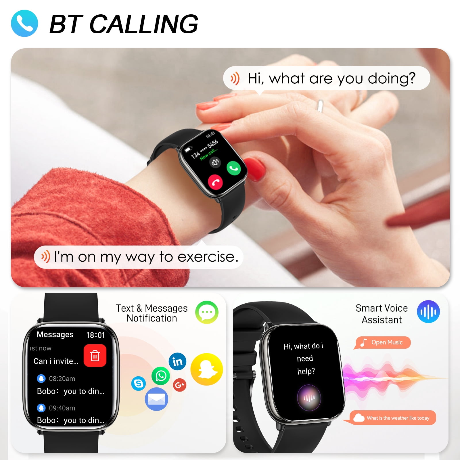 XAXRE Smartwatch for Women Men 1.75" AMOLED Display IP68 Waterproof  Smartwatch with Fitness Tracker Pedometer Sport Watch for iOS Android, 1pc, Black