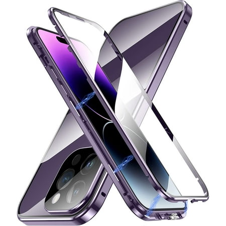 Case for iPhone 14 Pro Max, 360 Degree Front and Back Clear Tempered Glass Full Body Protection Magnetic Adsorption Metal Bumper Frame Flip Cover for iPhone 14 Pro Max 6.7" (Deep Purple)
