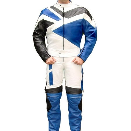 Kawasaki Leather Suit Perrini 2 PC Genuine Leather Motorbike Motorcycle Drag Racing Suit Blue with Metal Waist Zipper ()
