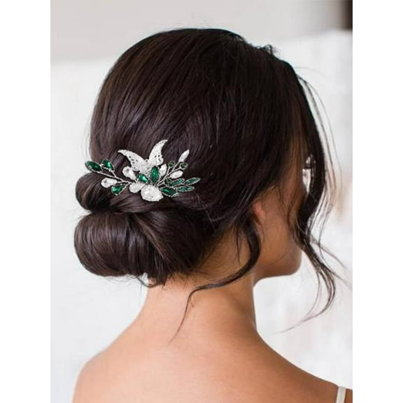 Bride Wedding Hair Comb Silver Bridal Hair Accessories Green Crystal Hair Piece Rhinestone Hair Clip for Women and Girls