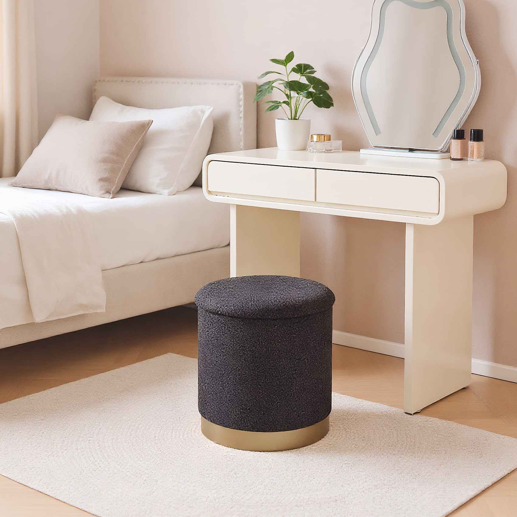 PINPLUS Round Storage Ottoman with Tray Gold Edge Stool Leg Folding Foot Rest for Living Room Dark Grey,Sherpa Fabric