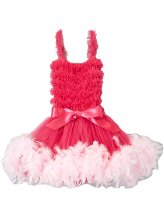 Girl's Hot Pink Ruffle Feather Dress L(5T-6T)