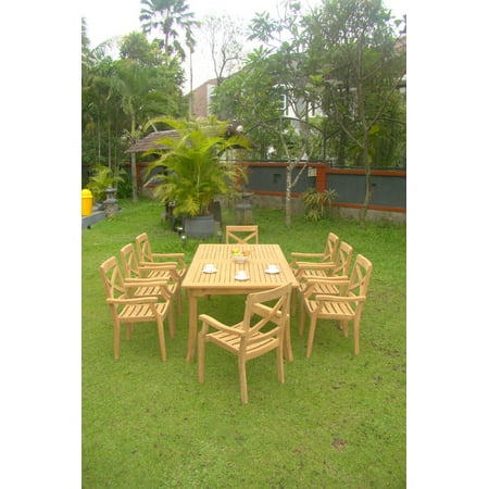 Teak Dining Set:8 Seater 9 Pc - 117" Rectangle Table And 8 Granada Stacking Arm Chairs Outdoor Patio Grade-A Teak Wood WholesaleTeak #WMDSGR3