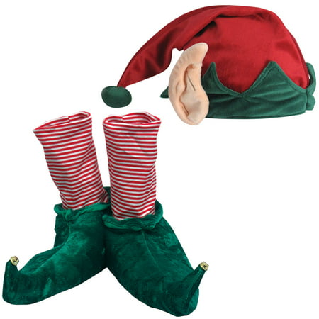 (Set) Festive Christmas Holiday Elf Slippers And Hat w/ Built In Ears - MD