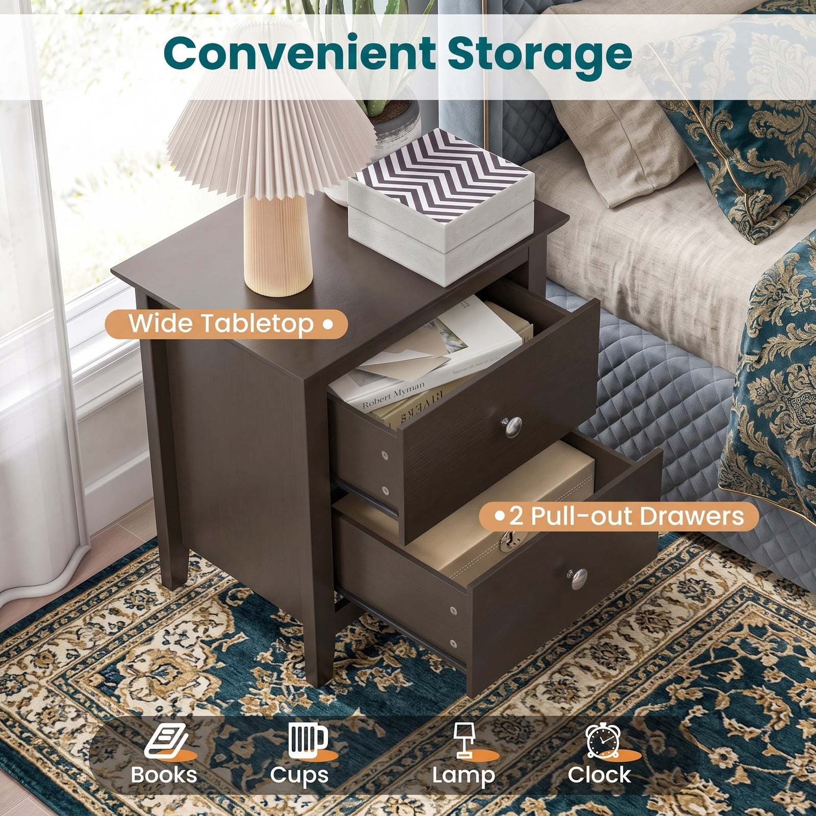 Furnibear Modern 2-Drawer Nightstand for Small Spaces with Sleek Metal Handles and Smooth Slides for Bedroom and Living Room, Espresso